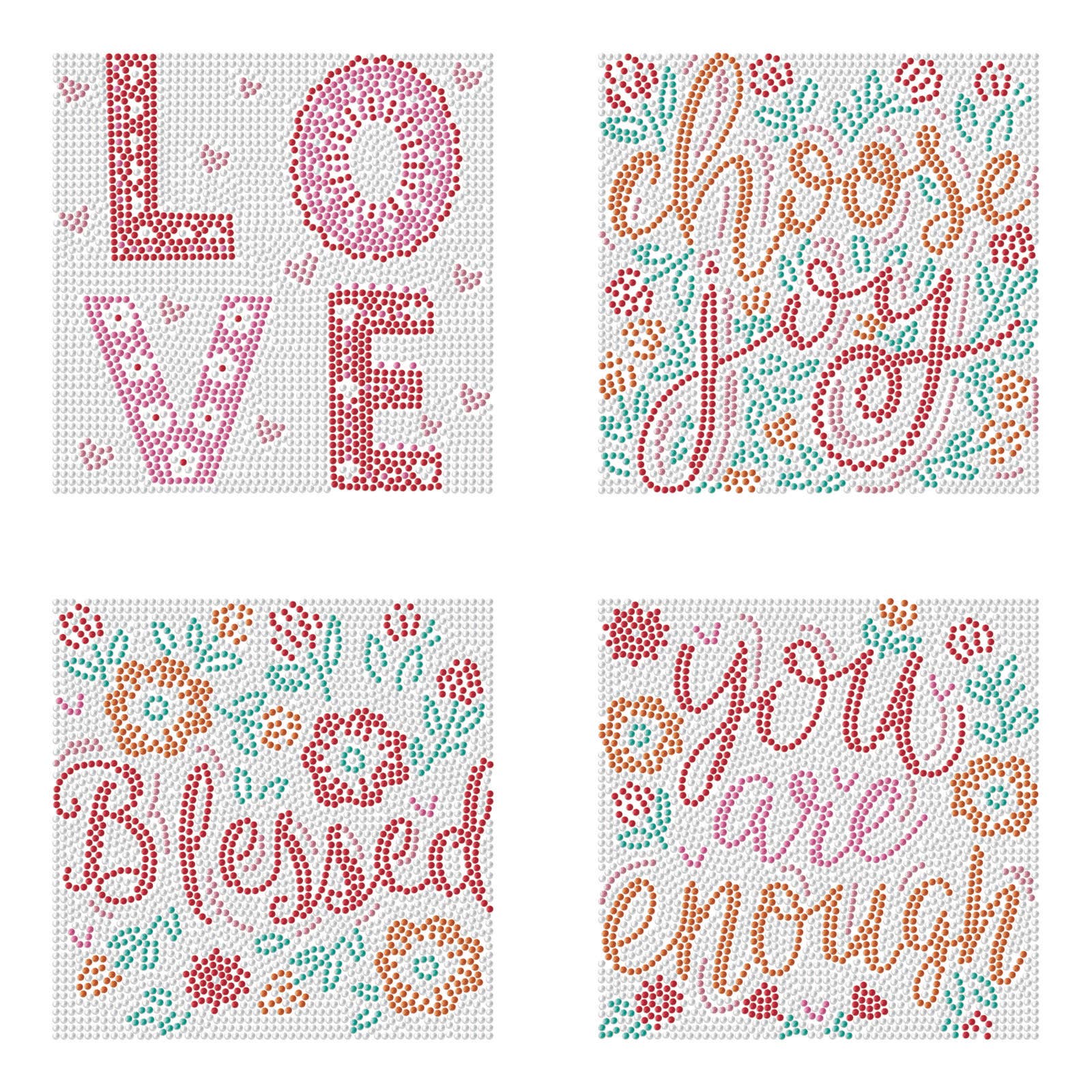 Four cross-stitch patterns with motivational phrases on a white background