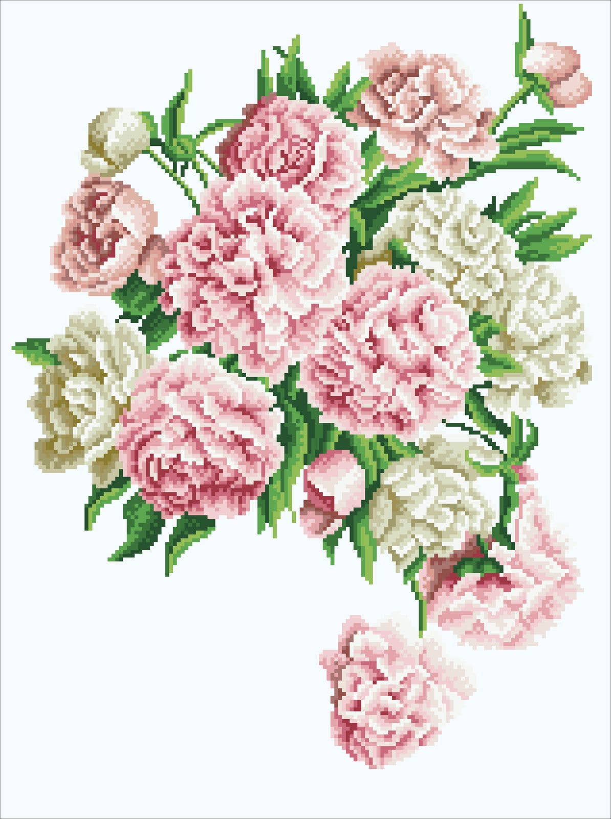 Cross-stitched pattern of pink and white flowers on a white background
