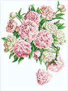 Cross-stitched pattern of pink and white flowers on a white background