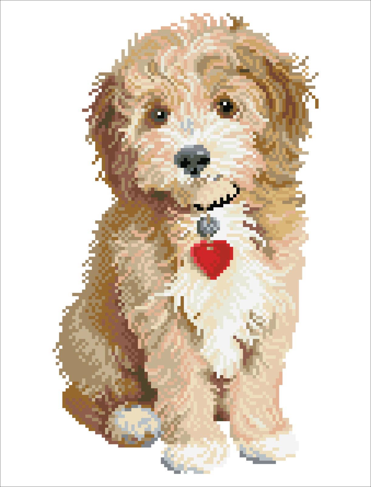 Cross-stitched pattern of a dog with a heart tag on a white background