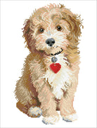 Cross-stitched pattern of a dog with a heart tag on a white background