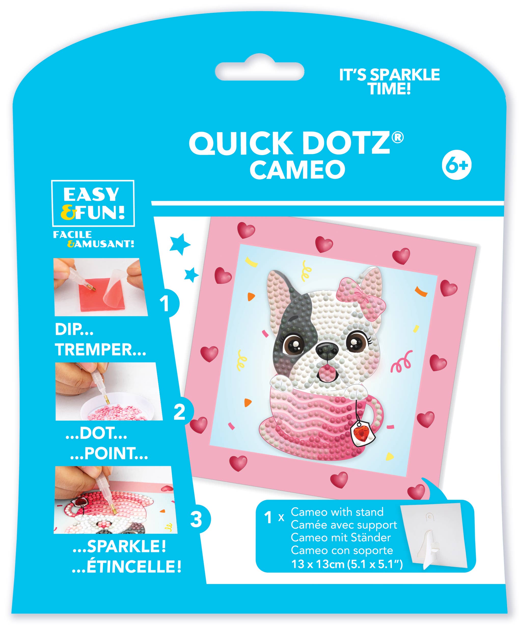 Quick Dotz Cameo craft kit packaging with a dog illustration on a blue background