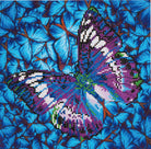 Butterfly design made with beads on a blue leaf background