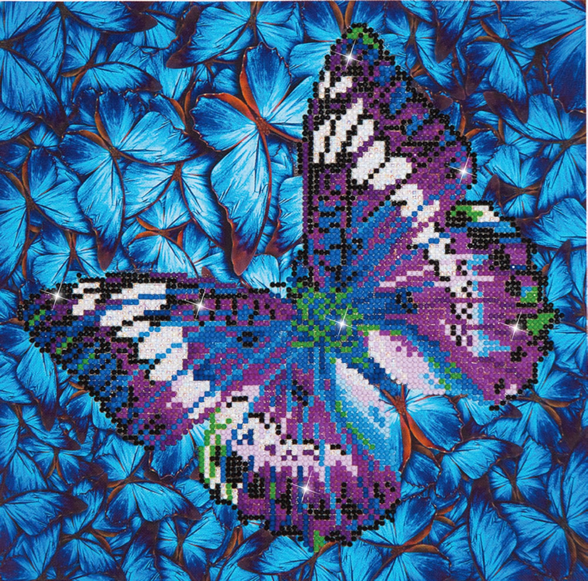 Butterfly design made with beads on a blue leaf background