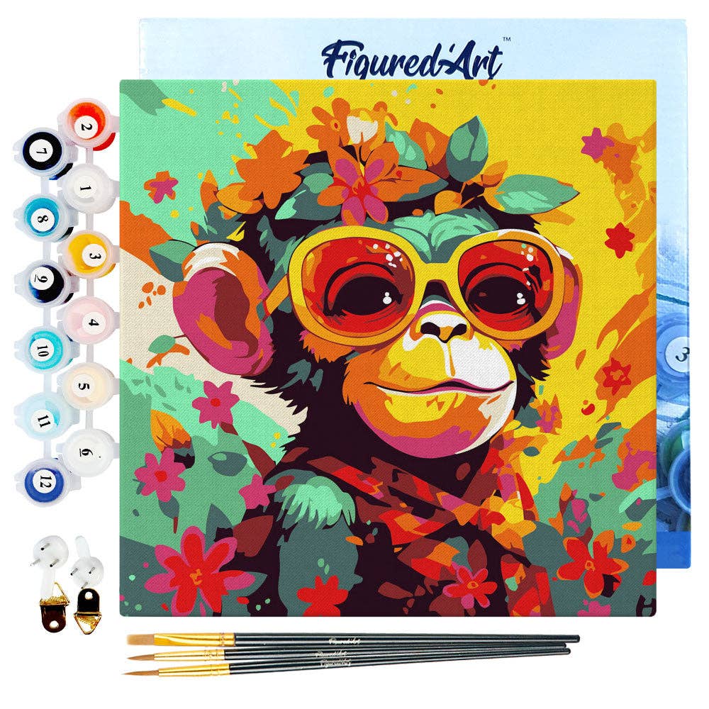 Colorful painting of a monkey with sunglasses and flowers, accompanied by paint supplies on a white background.