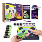 Okto Sensory Art kit with panda design, paint bottles, and a child's hand holding the art set.