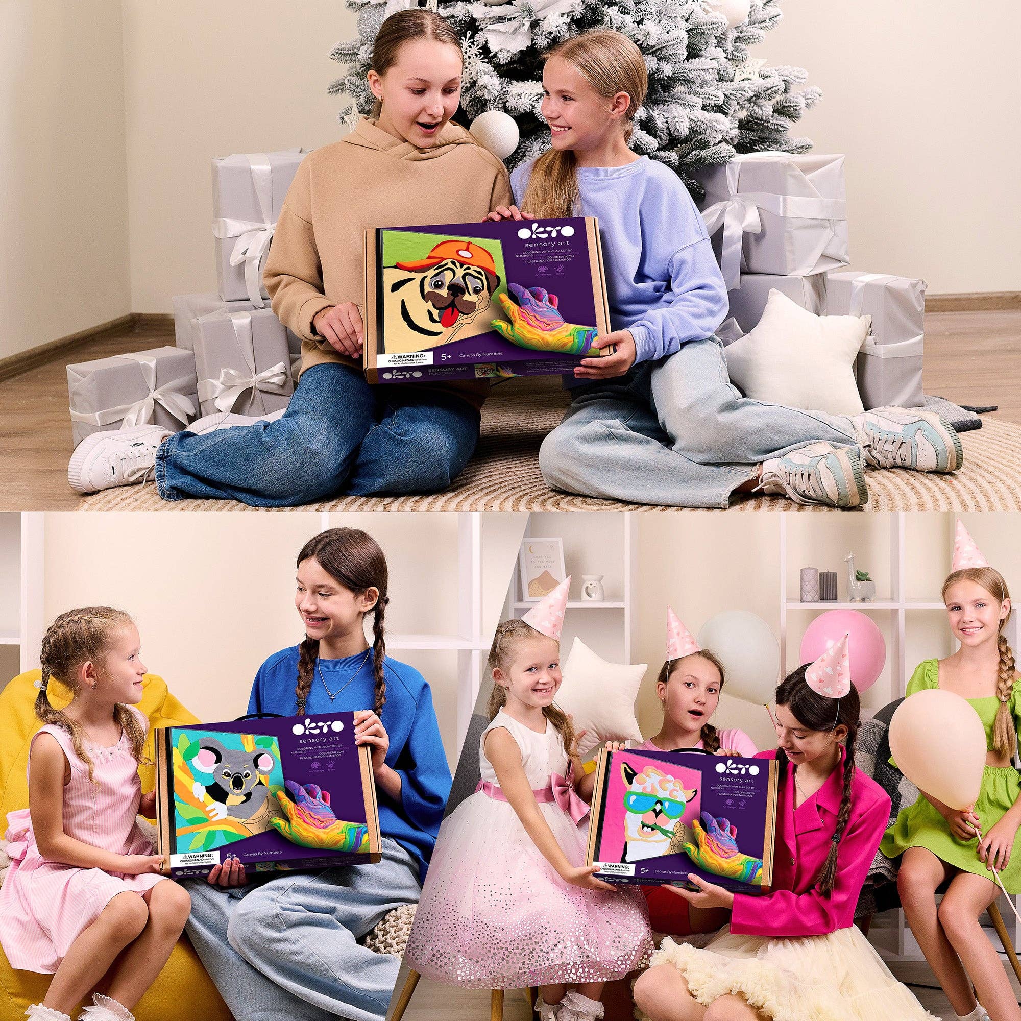 Two children and a woman sitting on a couch with a Christmas tree and presents, holding a product box.