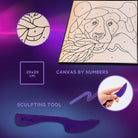 Canvas by numbers kit with sculpting tool on a purple gradient background