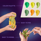 Colorful play dough with hands interacting and a color palette on a purple background