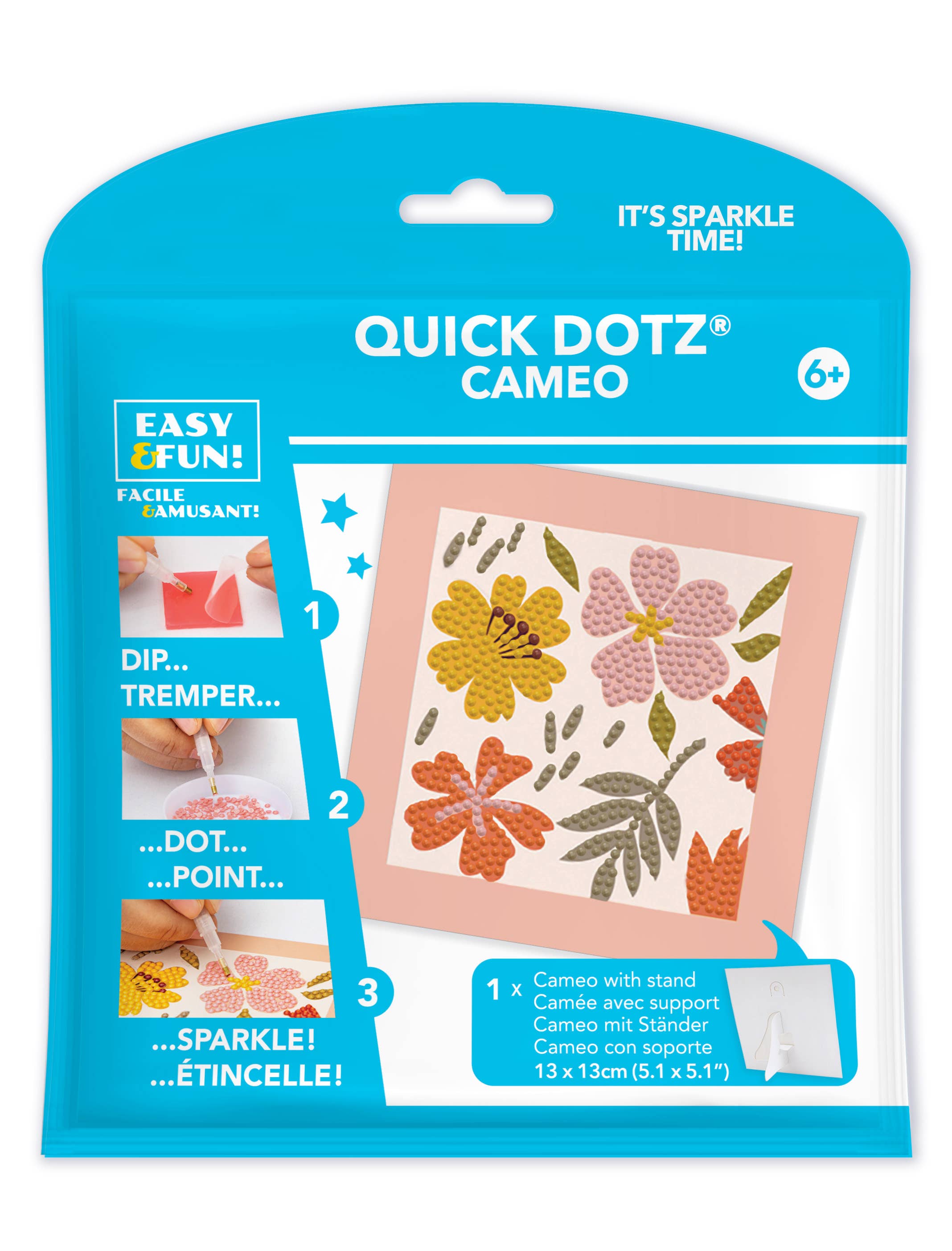 Quick Dotz Cameo craft kit packaging with floral design and step-by-step instructions.