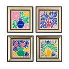 Four colorful framed artworks with floral and vase designs on a white background