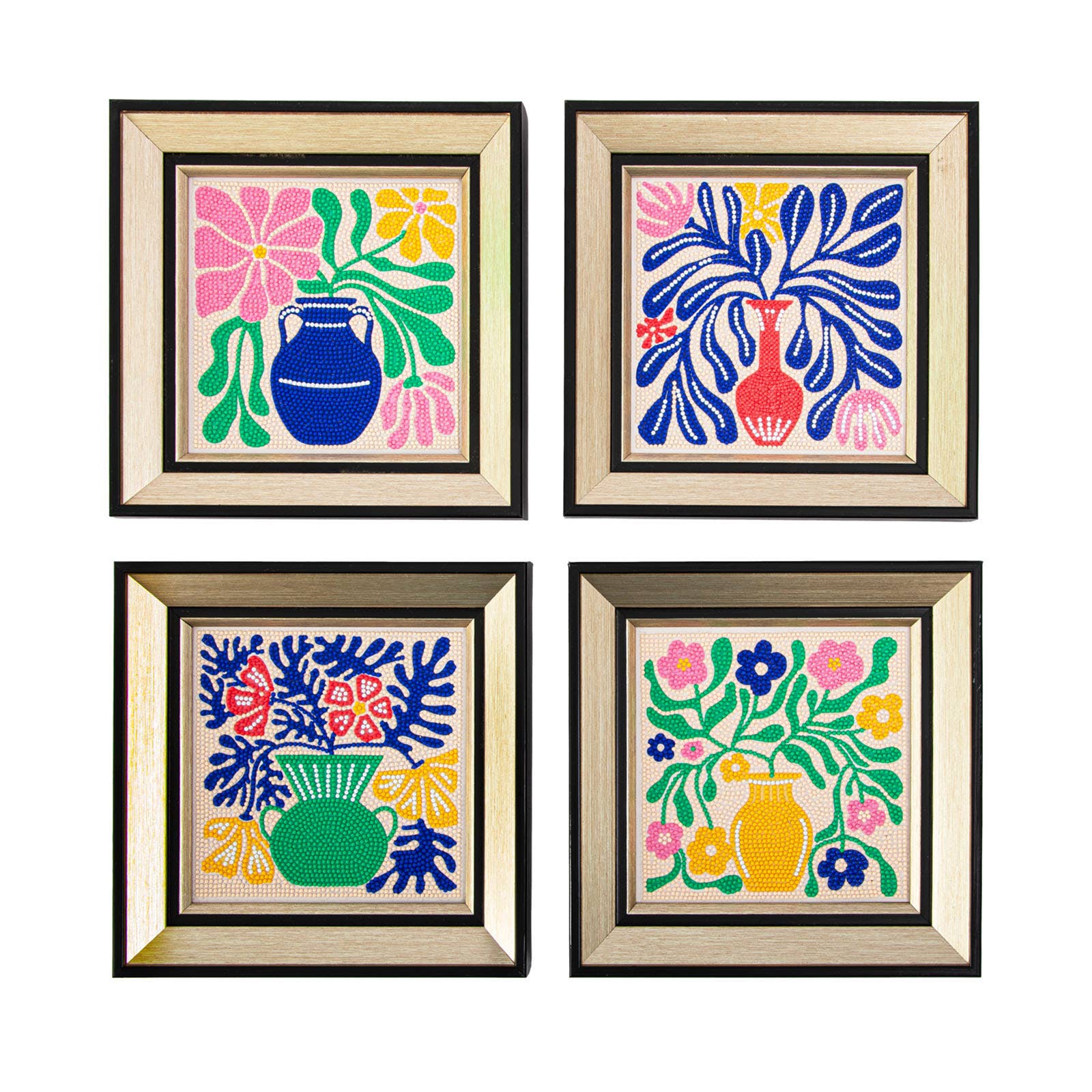 Four colorful framed artworks with floral and vase designs on a white background
