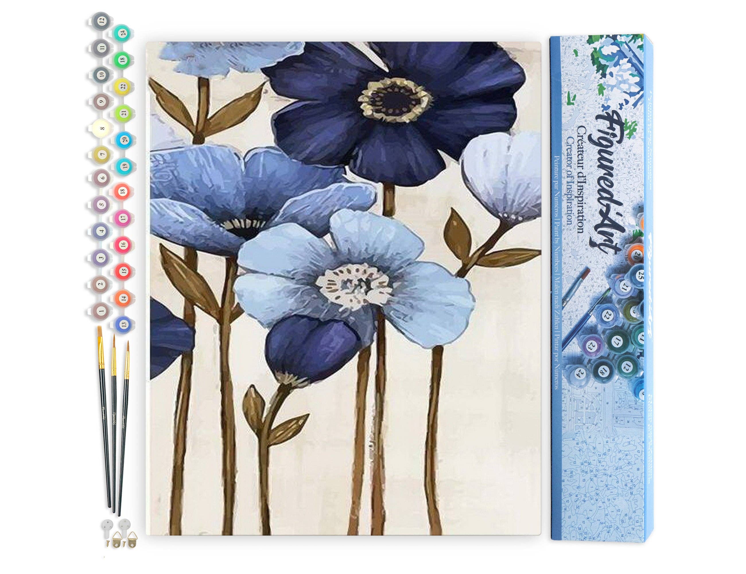 Floral art set with markers and paper featuring blue flowers on a white background