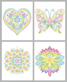 Four colorful mandala designs on a gray background