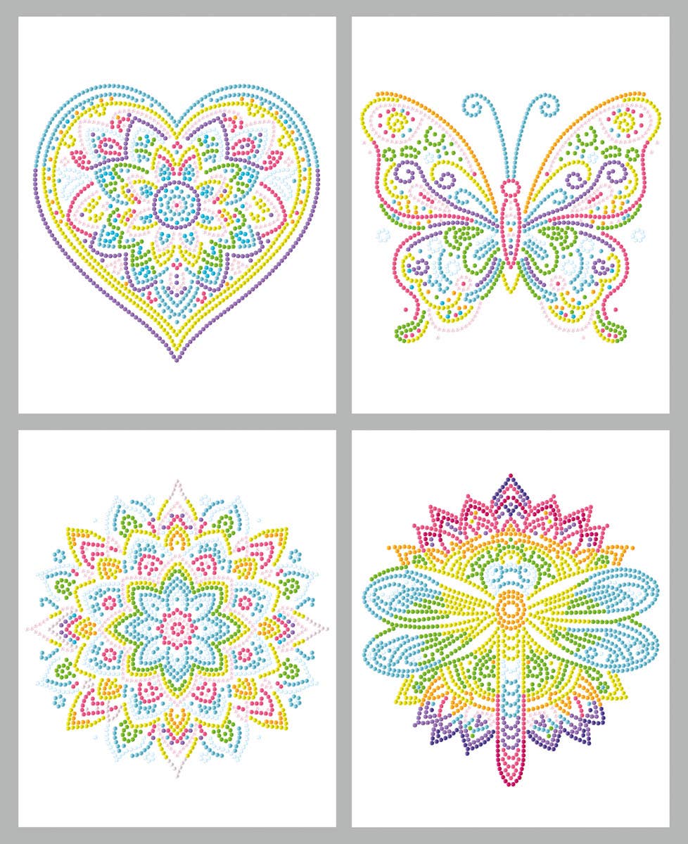 Four colorful mandala designs on a gray background